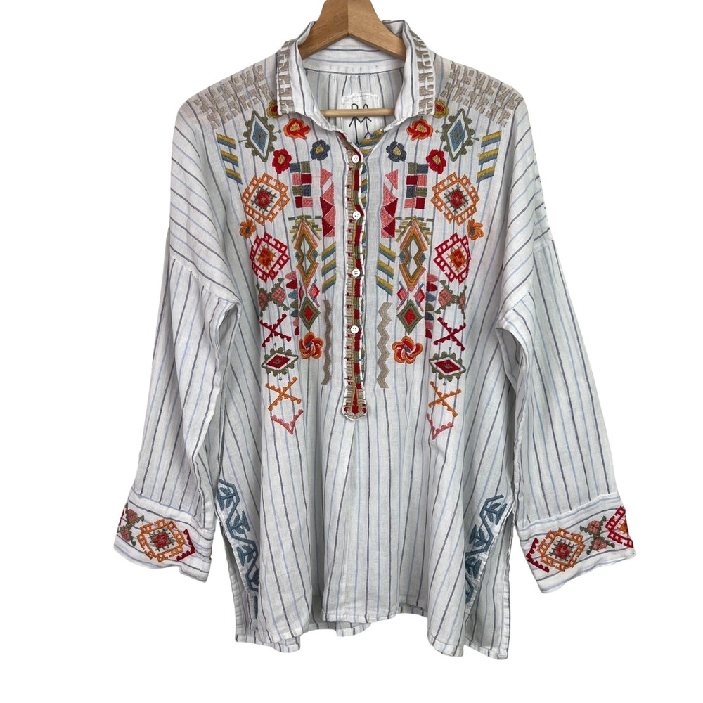 Johnny Was Pete & Greta Clapton Embroidered Linen Blend Tunic Top Womens Medium